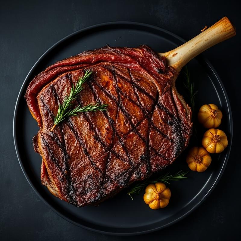 Dry-aged tomahawk steak resting on a butcher board