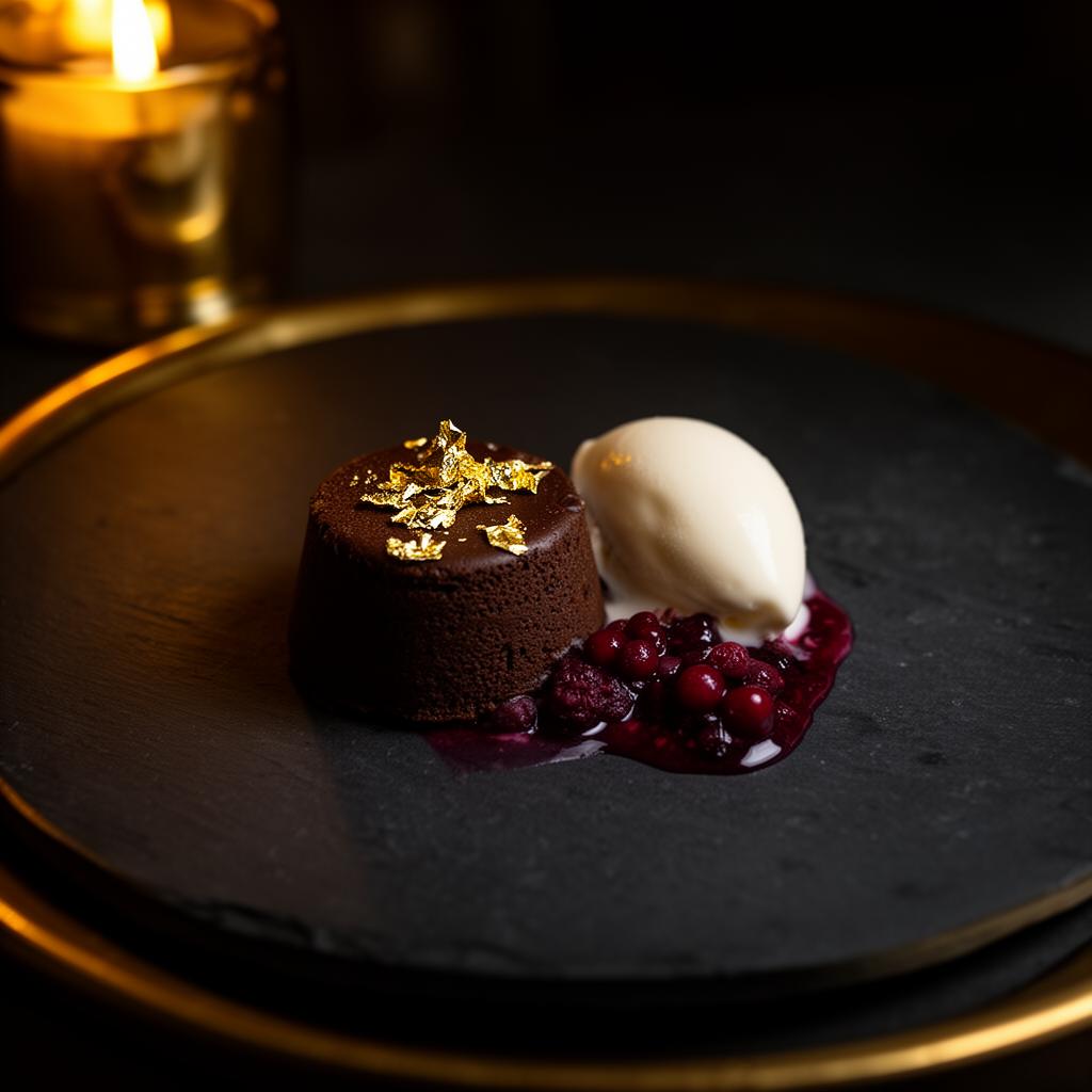 Molten chocolate fondant with gold leaf, vanilla ice cream and berry compote
