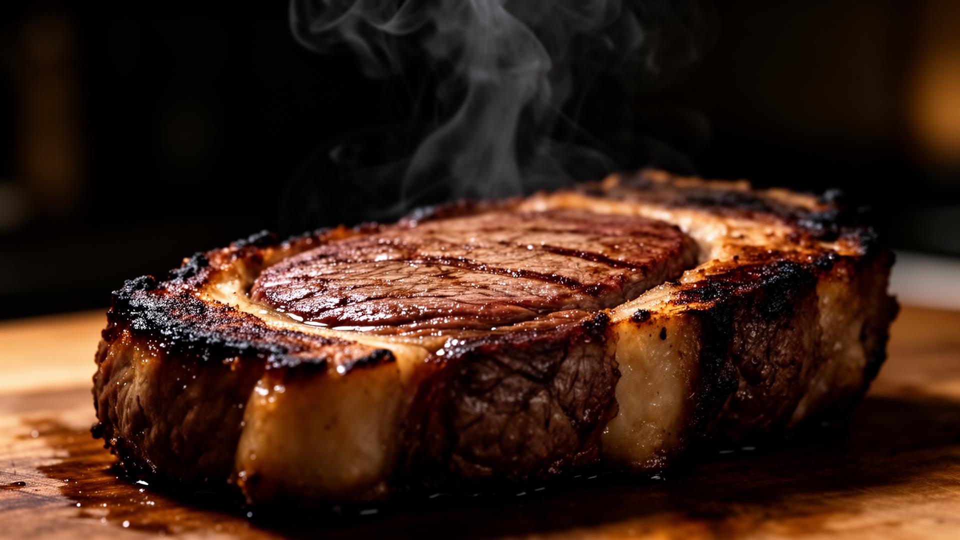 Seared prime ribeye with rising smoke