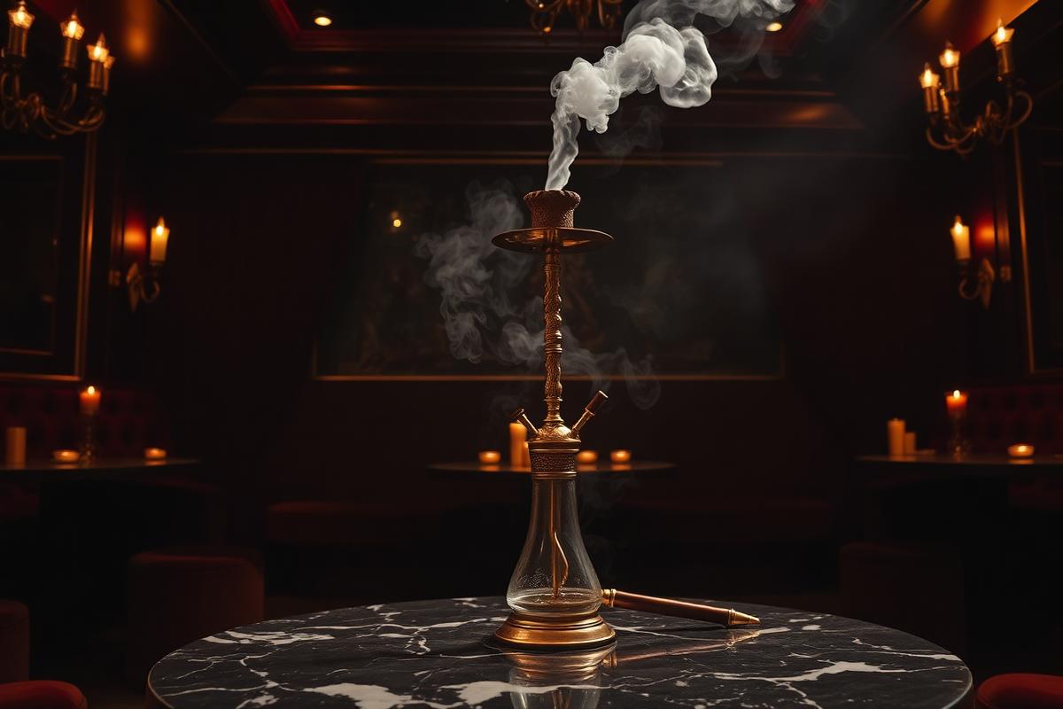Brass hookah on a marble lounge table with rising smoke