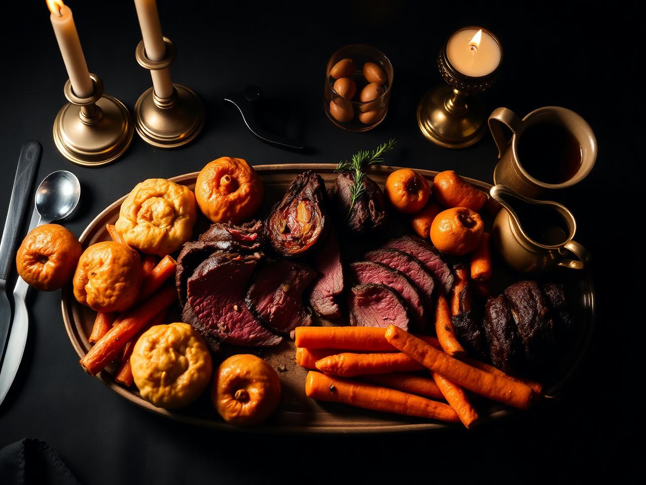 Signature Sunday roast platter with sliced beef and Yorkshire puddings